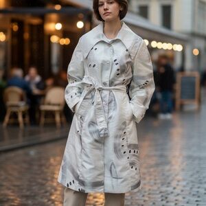 D & Y RAIN JACKET WITH EXAGGERATED LAPEL WHITE SILVER BROWN SIZE SMALL NEW